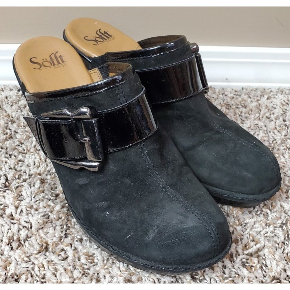 Sofft Black Leather Upper Buckle Accent Slip On Mules Sz 9M